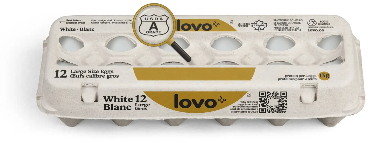 Emballage d’œufs Lovo : la loupe met en évidence le sceau USDA Grade A